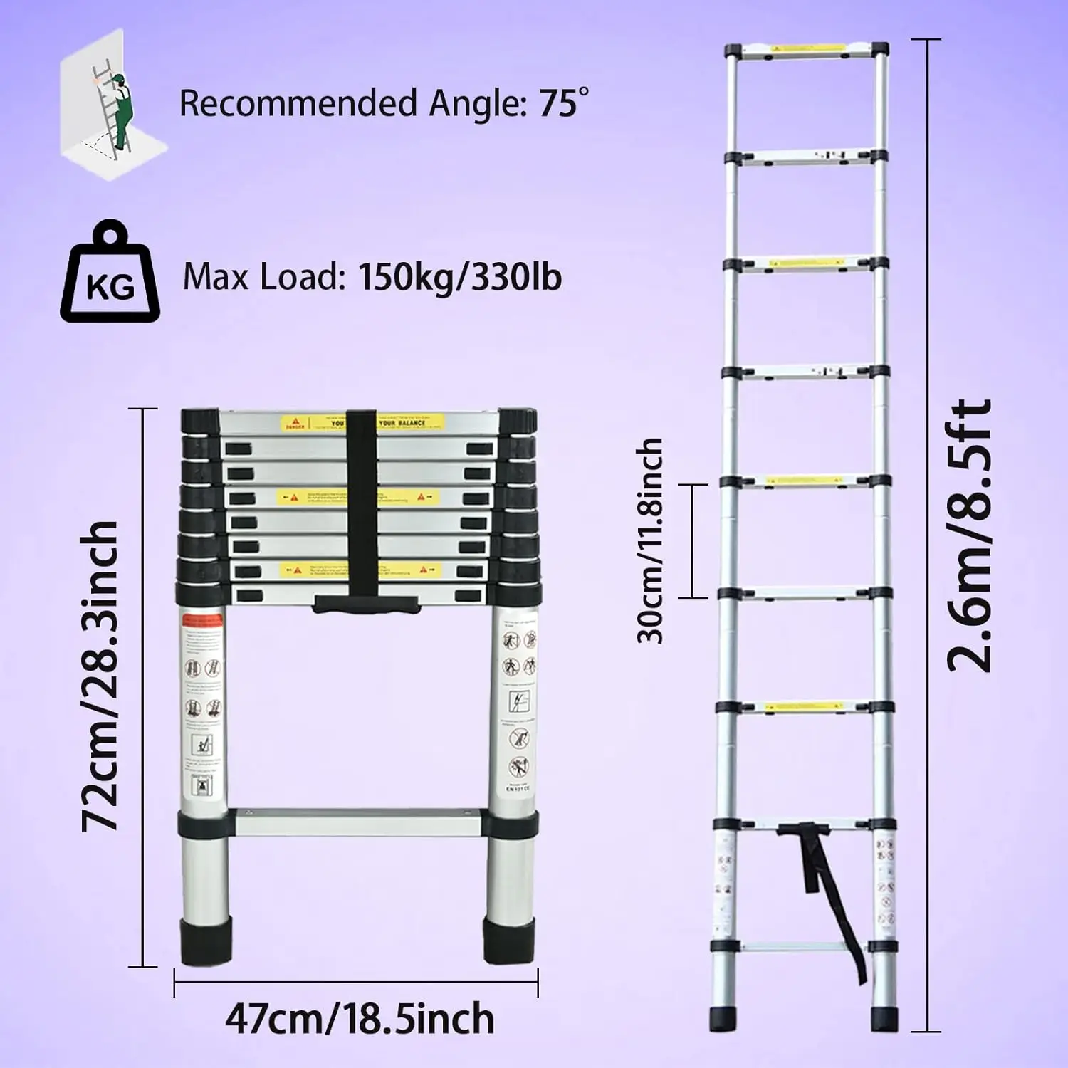 Extension Ladder 8.5FT Aluminum Lightweight Telescopic Ladder with Locking Mechanism Multi-Purpose Collapsible