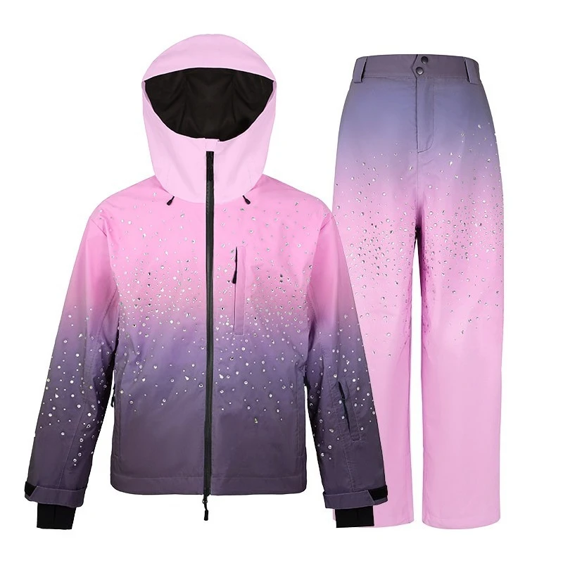 Unisex Gradient Rhinestone-Embellished Ski Suit Set, Waterproof Windproof Insulated Jacket & Bib Pants view 5