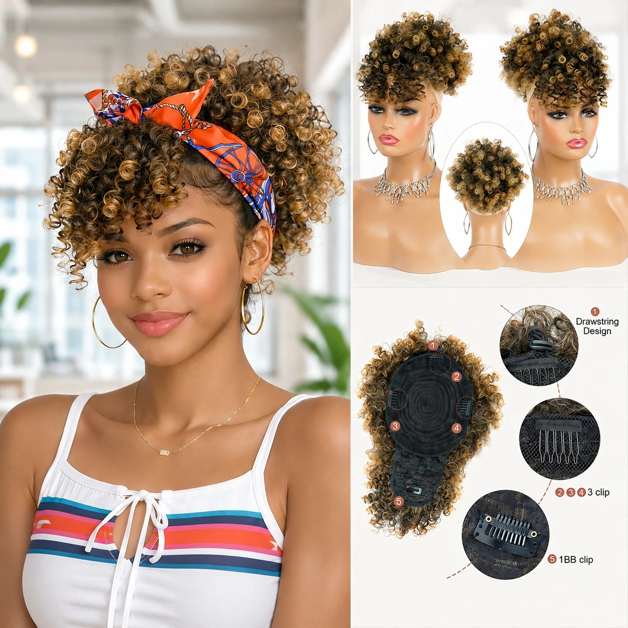 Ombre Brown Blonde Short Afro Puff Drawstring Ponytail Hair Bun, Synthetic Curly Bangs Wrap Around Headband Hairpieces for Women