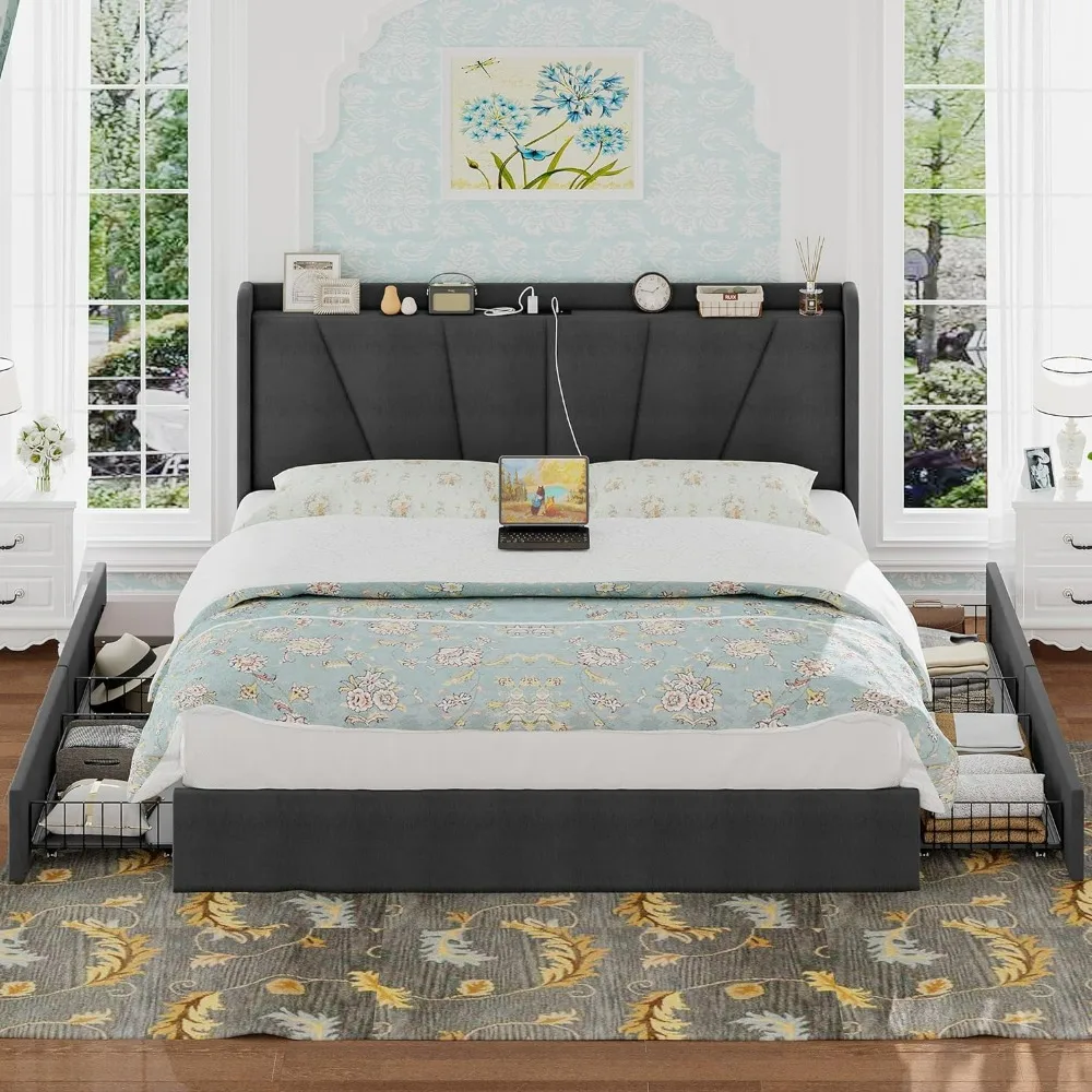 

Bed Frame and Upholstered Headboard, Platform Bed with Storage Drawers and Outlets, Sturdy, Noiseless, No Box Sprin