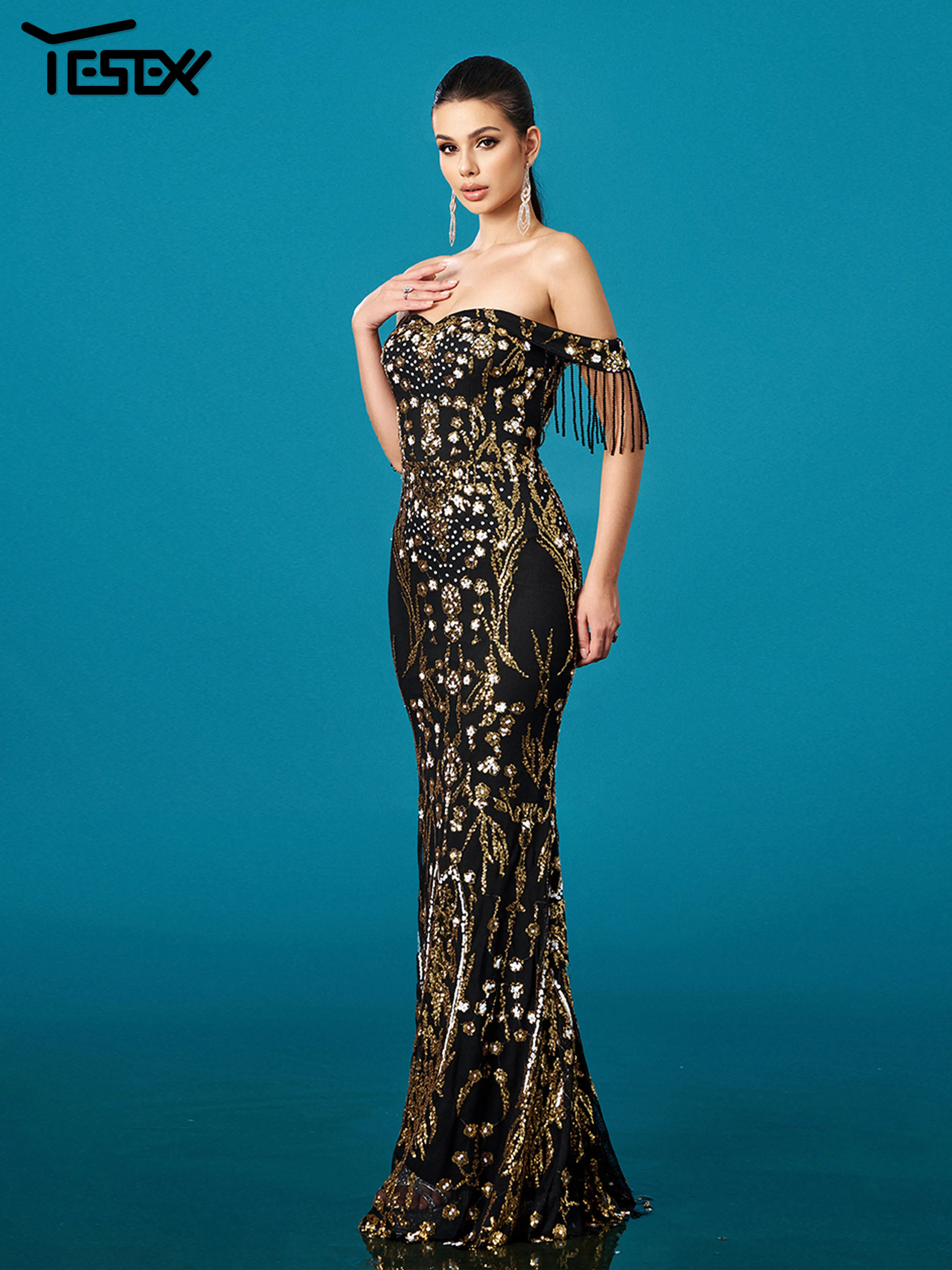 Yesexy-スパンコールの人魚のイブニングドレス,裸の肩,タッセル,地面の長さ,結婚式,誕生日パーティー,フォーマルな機会,マキシカクテル,新しい