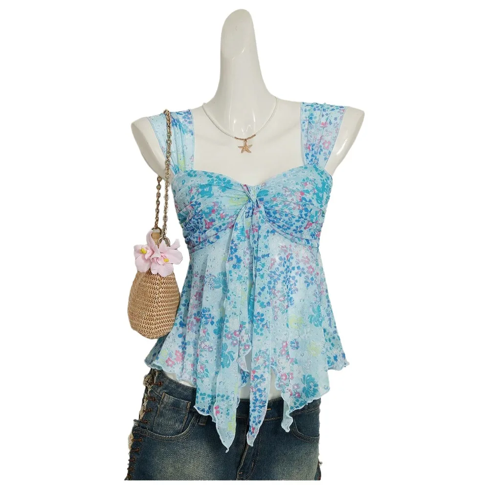 Trendy V-neck Halter Cami Top Printed Mesh Sheer Overlay Off Shoulder Top Bodycon Fit Asymmetrical Hem Tank Tops Women's Fashion