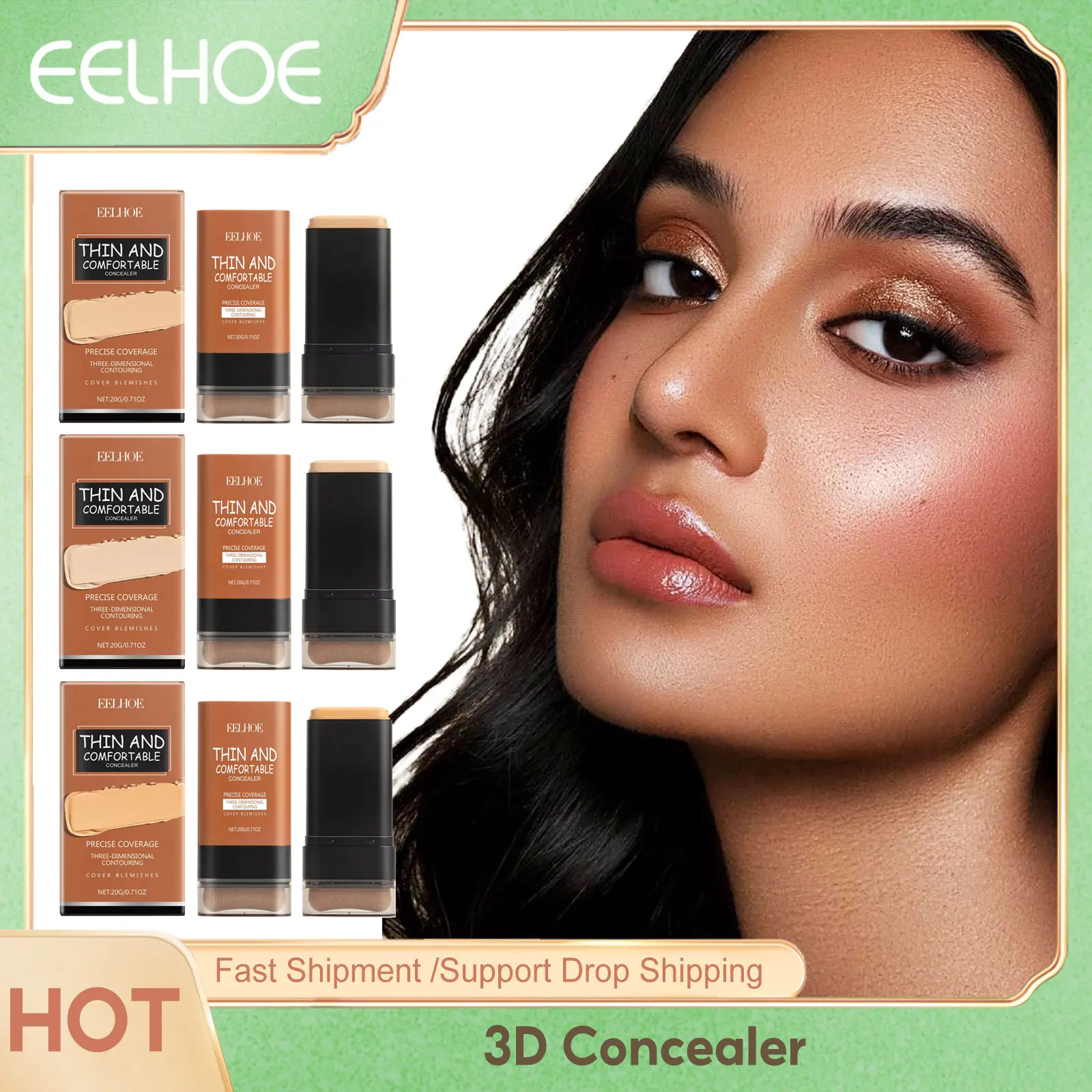 

Face Foundation Concealer with Brush Full Coverage Waterproof Long Lasting Makeup Base Contour Stick Blemish Concealer Stick 20g