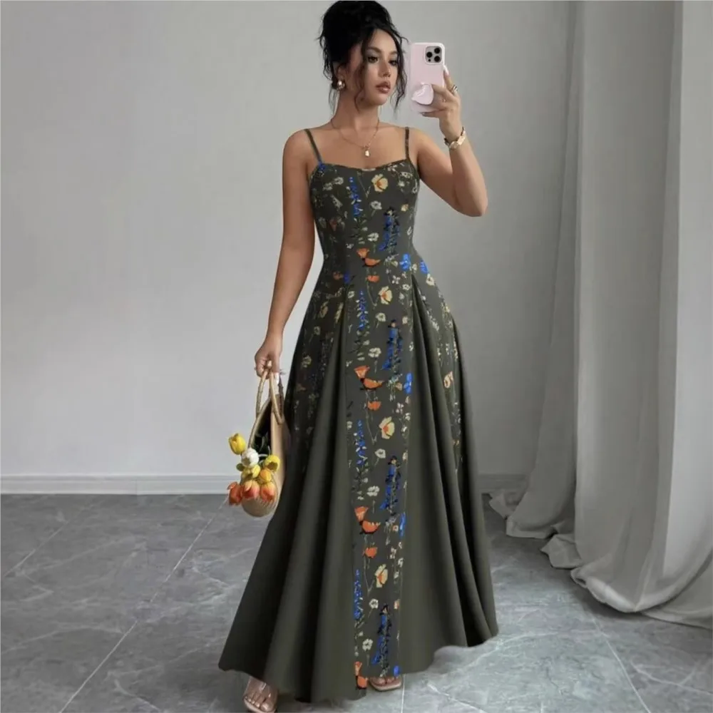 2026 Women's Clothing Dresses For Ladies Spaghetti Strap Vestido Simple Style Temperament Printed Slim Sling Sleeveless Contrast