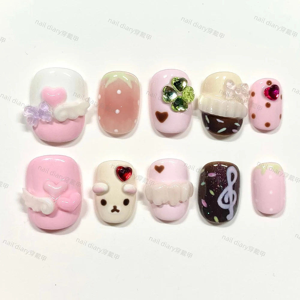 10Pcs Handmade 3D Bear Rilakkuma Rabbit Press On Nail Art Stickers Bowknot Cake Cream Chocolate Manicure Birthday Gift view 6