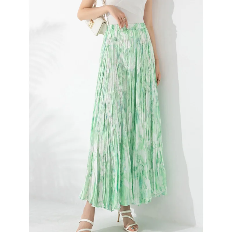 Skirt Women's Large Swing Skirt High-End Temperament Handmade Pleated Print A- line High Waist Slimming Dance Skirt [20230310]