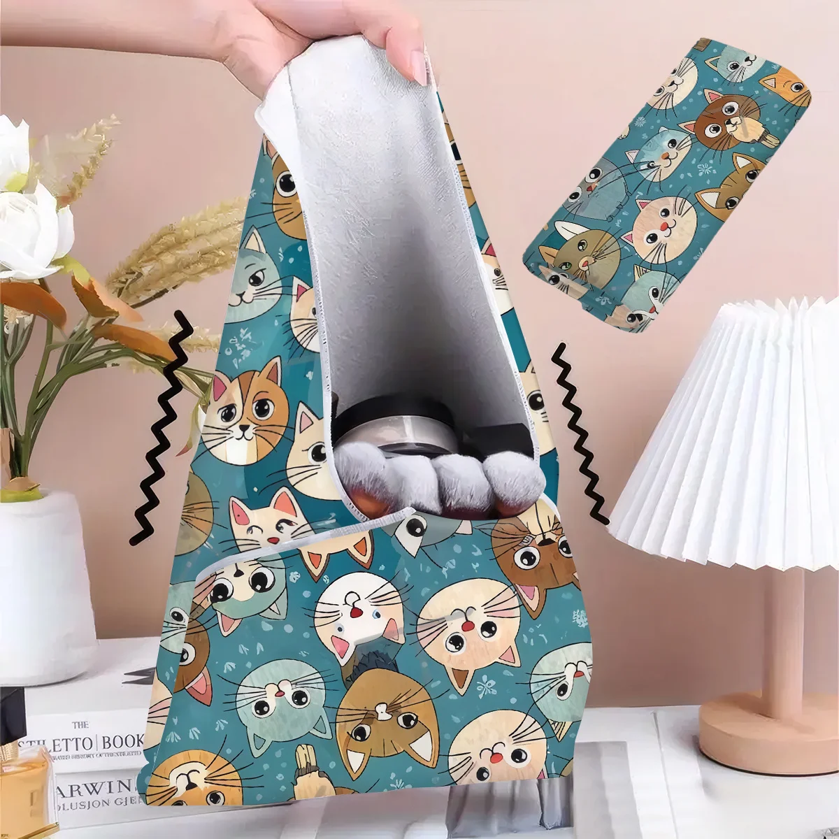 1pc Self-Adhesive Magic Wrap Cloth Blue Polka Dot Cat Pattern Portable Storage Pouch for Camera Cosmetics Pet Organizer Case
