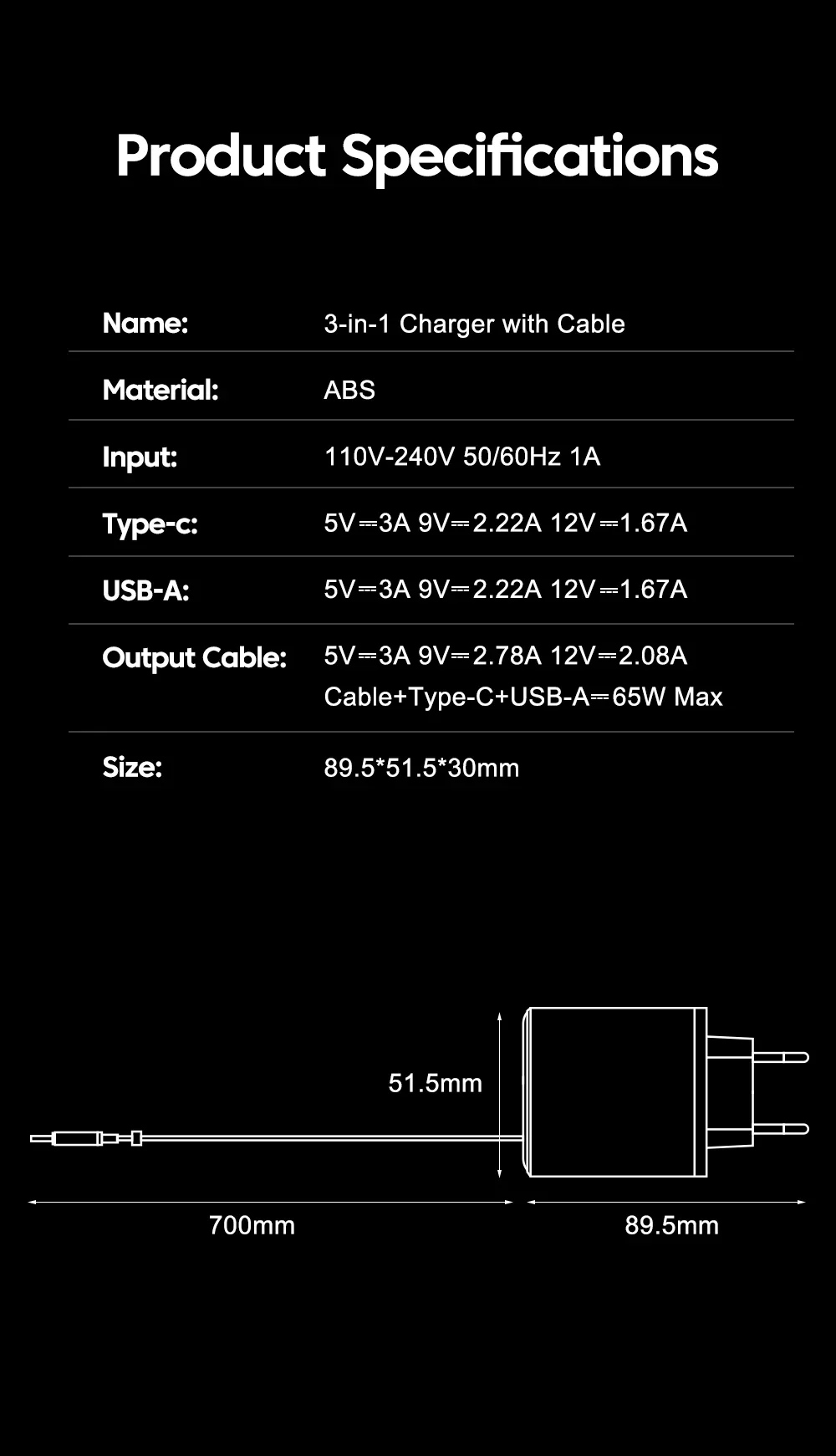 65W Type C Charger Retractable Integrated Cable USB Phone Charger USB C Cable EU/US Plug For iPhone Samsung Xiaomi Fast Charge