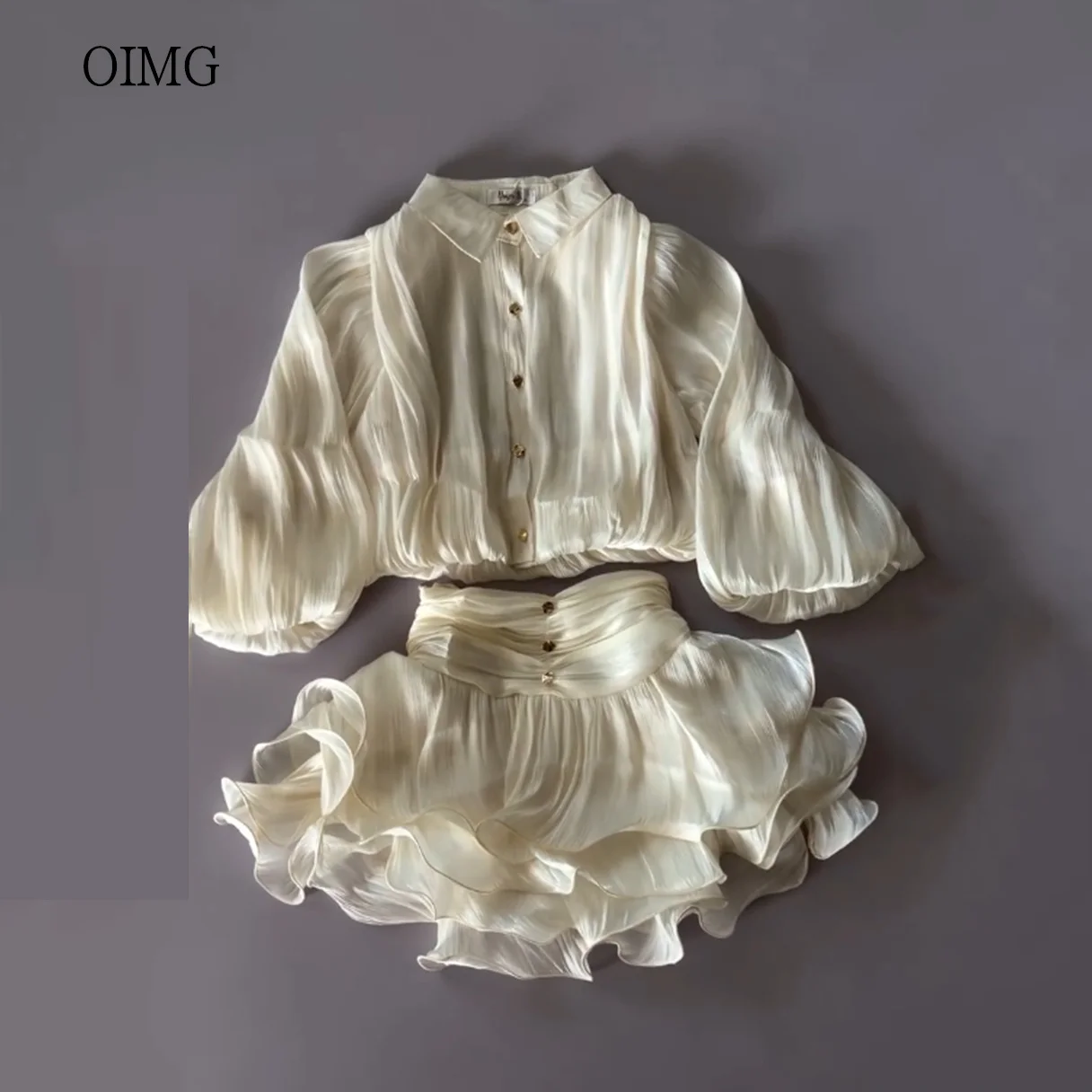 OIMG High Neck Two-piece Set Ball Flower Girl Dresses Multi-layer Full Sleeve Wedding Gown Knee Length Birthday Dress Customized