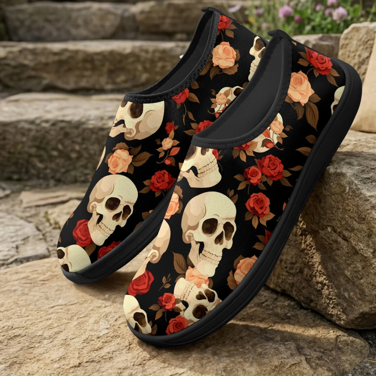 XIXIRIMIDO Women's Slip-on Wide-toed Shoe Nurse Shoes Men's Sneakers Casual Shoes Zapatillas de Mujer Tenis Feminino Rose Skull