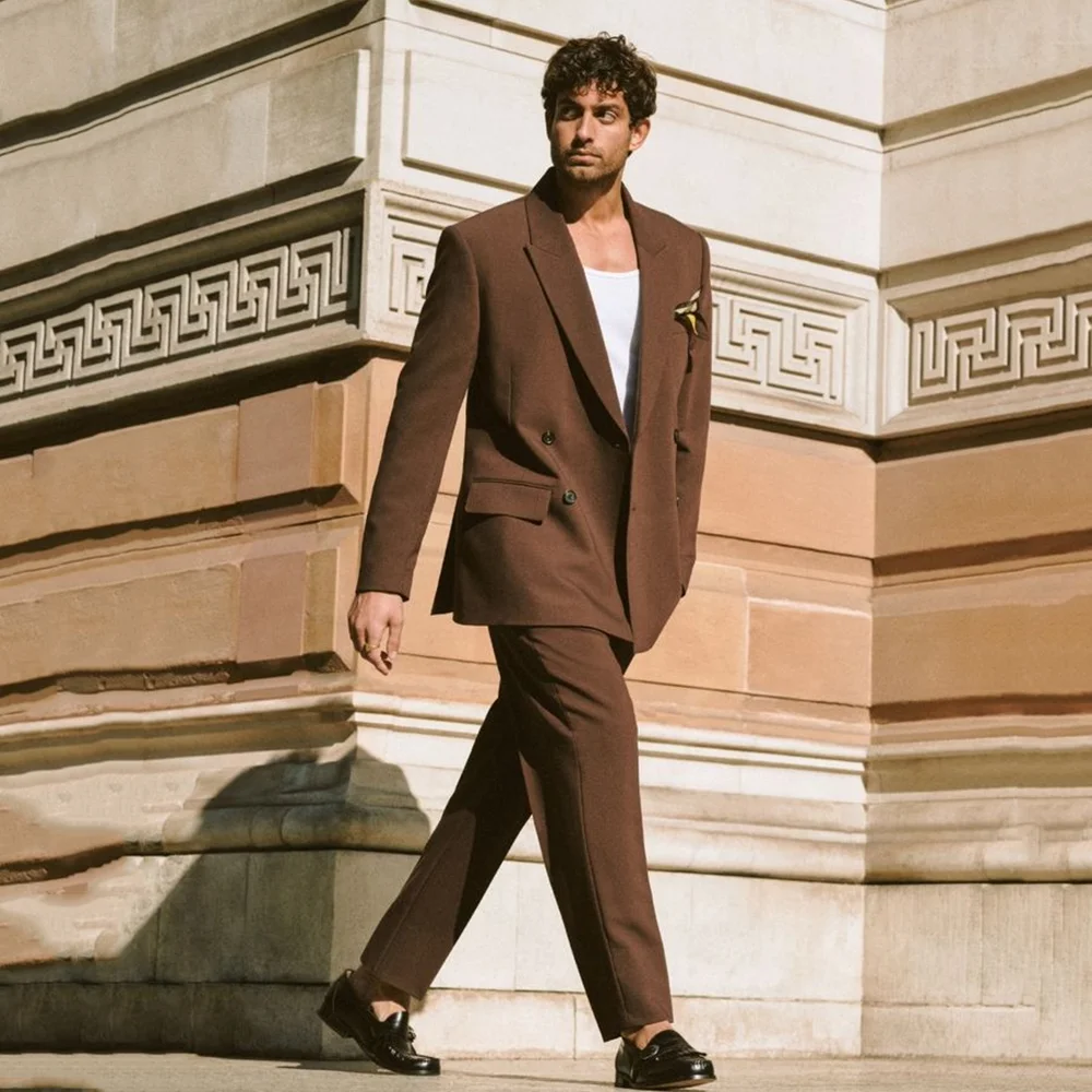 

New Trend Men Classic 2 Pieces Suits Set Jacket Pants Double Breasted Peak Lapel Business Casual Formal Male Fashion Trousers