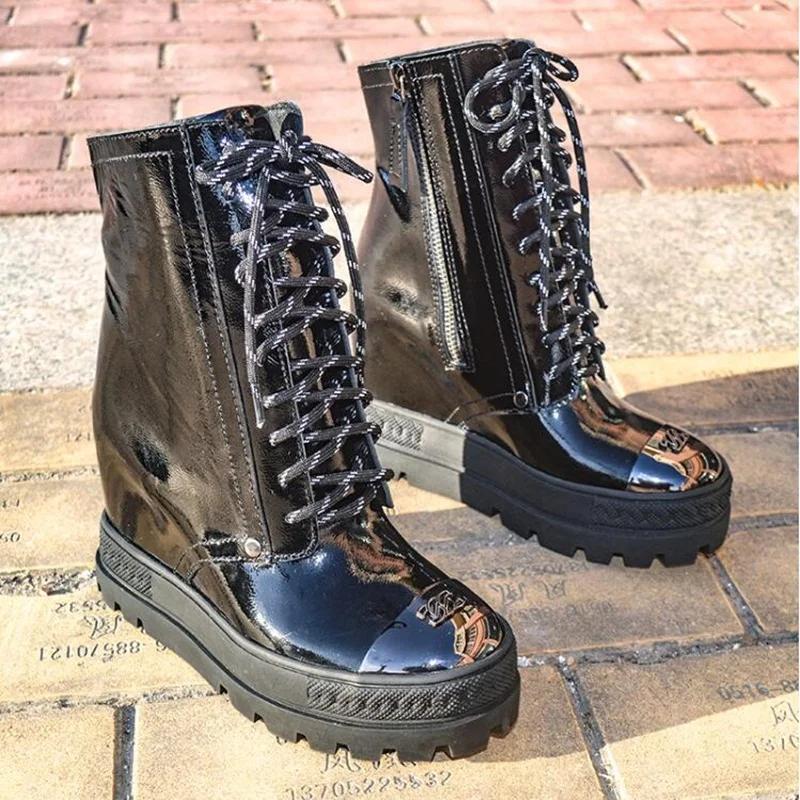 Black Patent Leather Metal Toe Wedge Boots Tire rubber-trimmed Lace Up Leisure Footwear Height Increasing 10CM Wedges Shoes