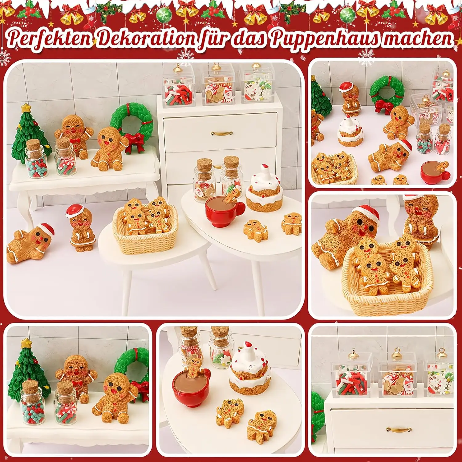 진저브레드맨 피규어 세트 크리스마스 인형 집 장식 미니어처 크리스마스 트리 화환 비스킷 요정 정원 장식품