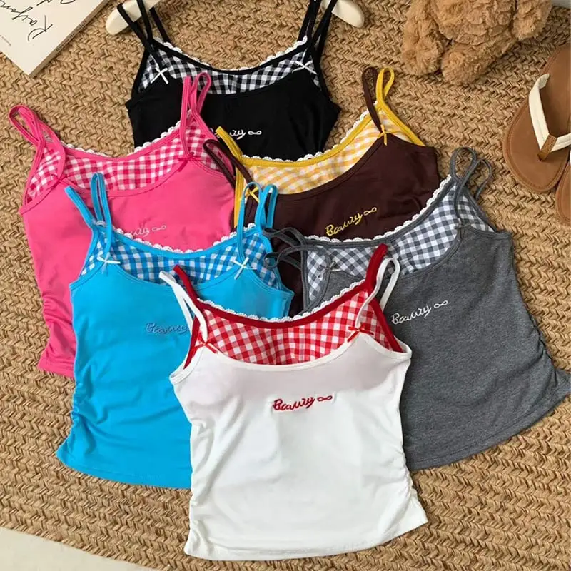 Damen Baumwoll-Camisole Tanktop mit Karomuster, schmal geschnitten, als Ober- oder Unterwäsche tragbar, mit schönem Rücken, Damen-Trägertop, Pure Desire Spicy