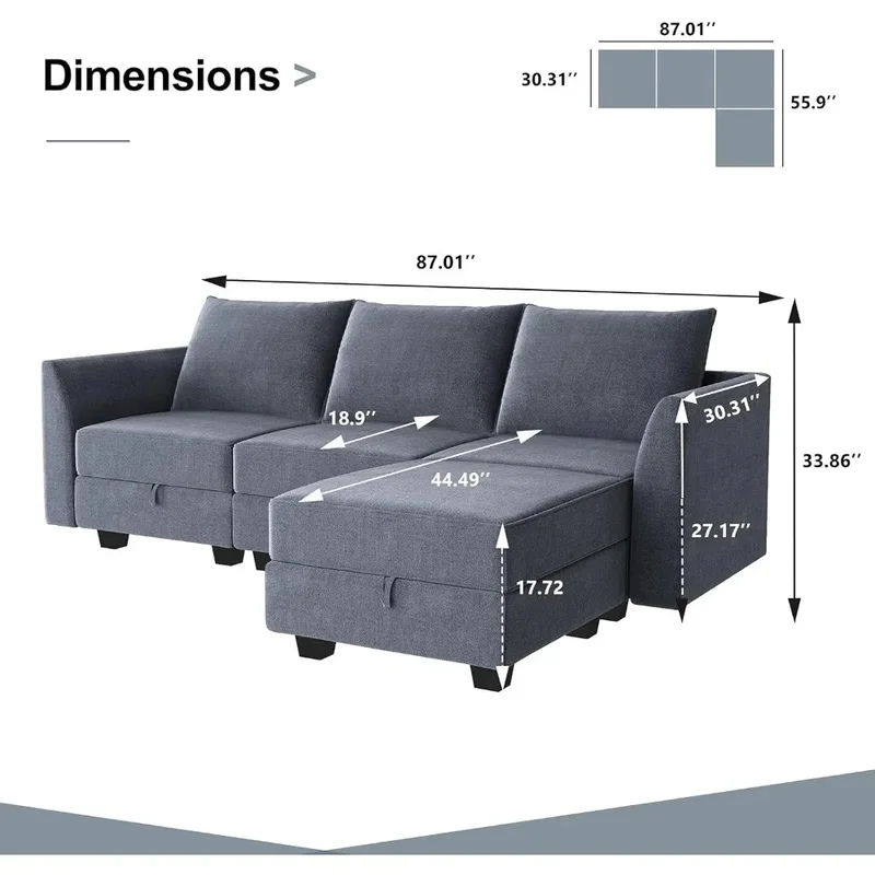 Reversible L-Shaped Sectional Sofa with Chaise, Modern Modular Couch for Living Room, Bluish Grey Color