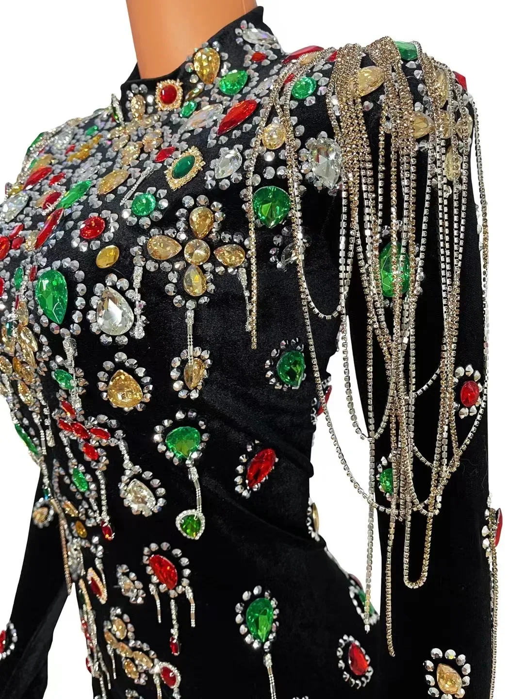 New Design Colorful Big Stones Black Velvet Dress Evening Sexy Crystals Chains Dance Costume Birthday Gloves Dress caihong