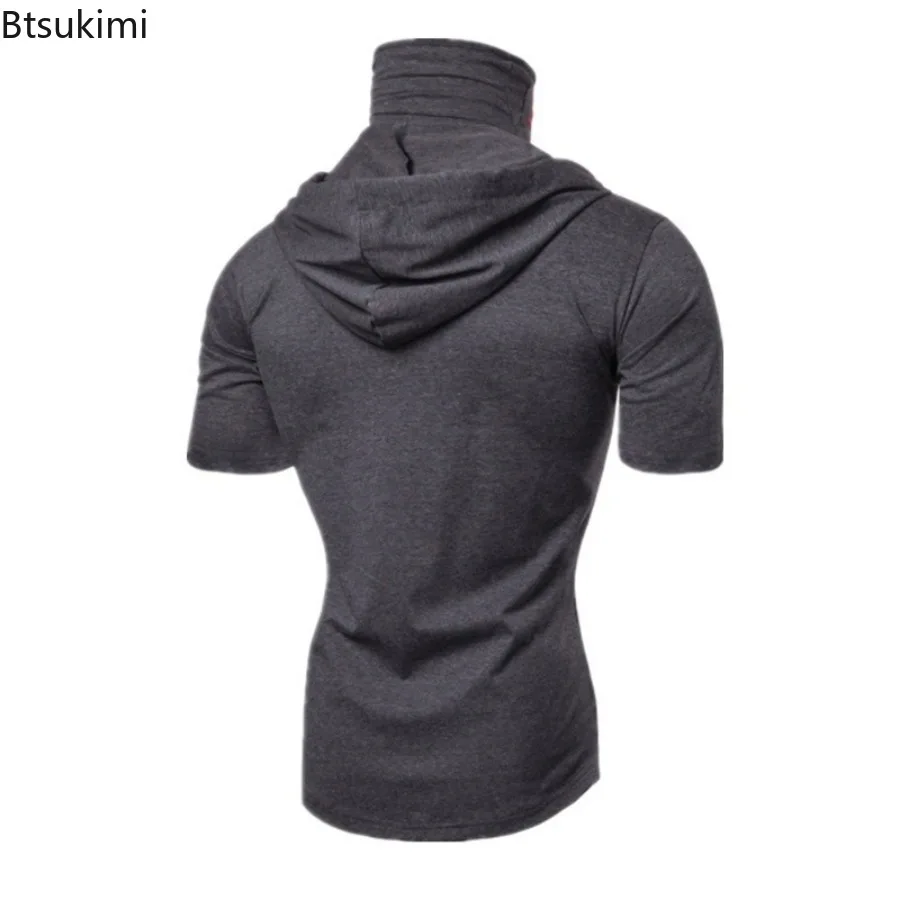 2026 Fashion Short Sleeve Mask Hooded T-shirts for Men Summer Solid Gym Fitness Tees Hip Hop Streetwear Male Casual Sweatshirts
