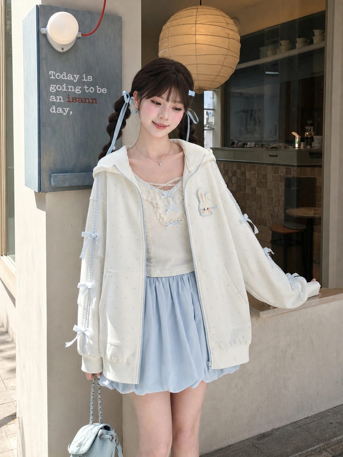 Cotton Polka Dot Rabbit Ear Hat Sweatshirt Women's Spring Autumn Cute Top Thin Outerwear Sweet Style Long Sleeve Zipper