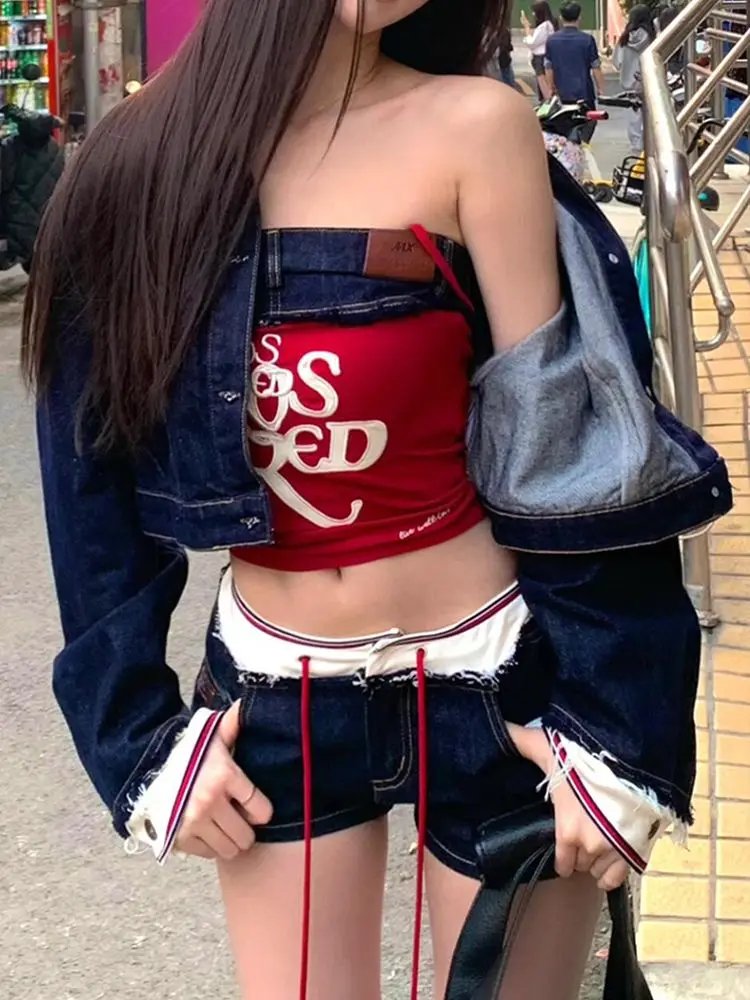 Female Hot Girl Spliced button Zipper Pocket Low Waist Contrasting Waist Denim Shorts