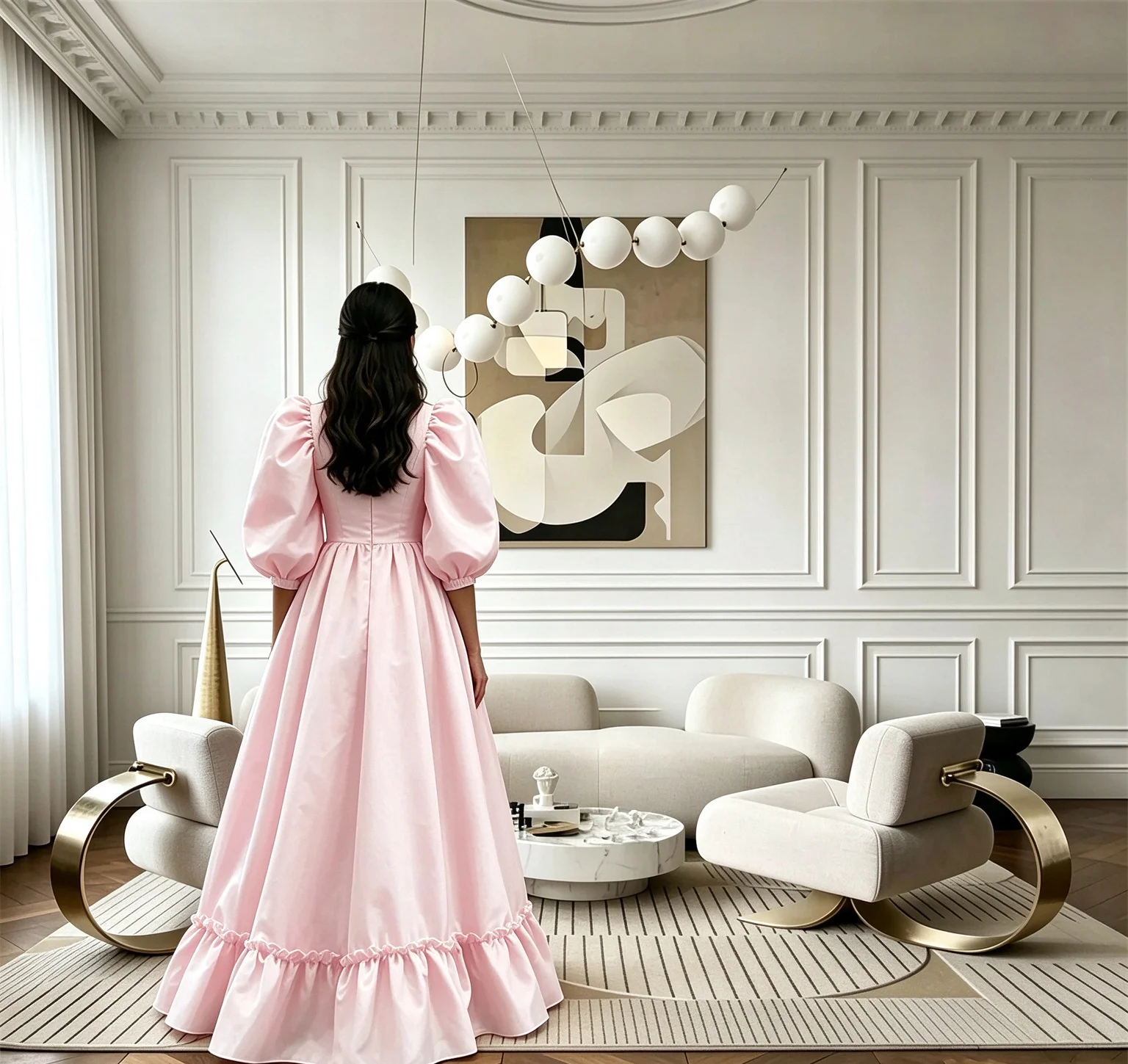 Elegant Pink Satin Women's Party Gown Puff Sleeves Floor Lenght Evening Dress Wedding Banquet Bridesmaid Dress Customized