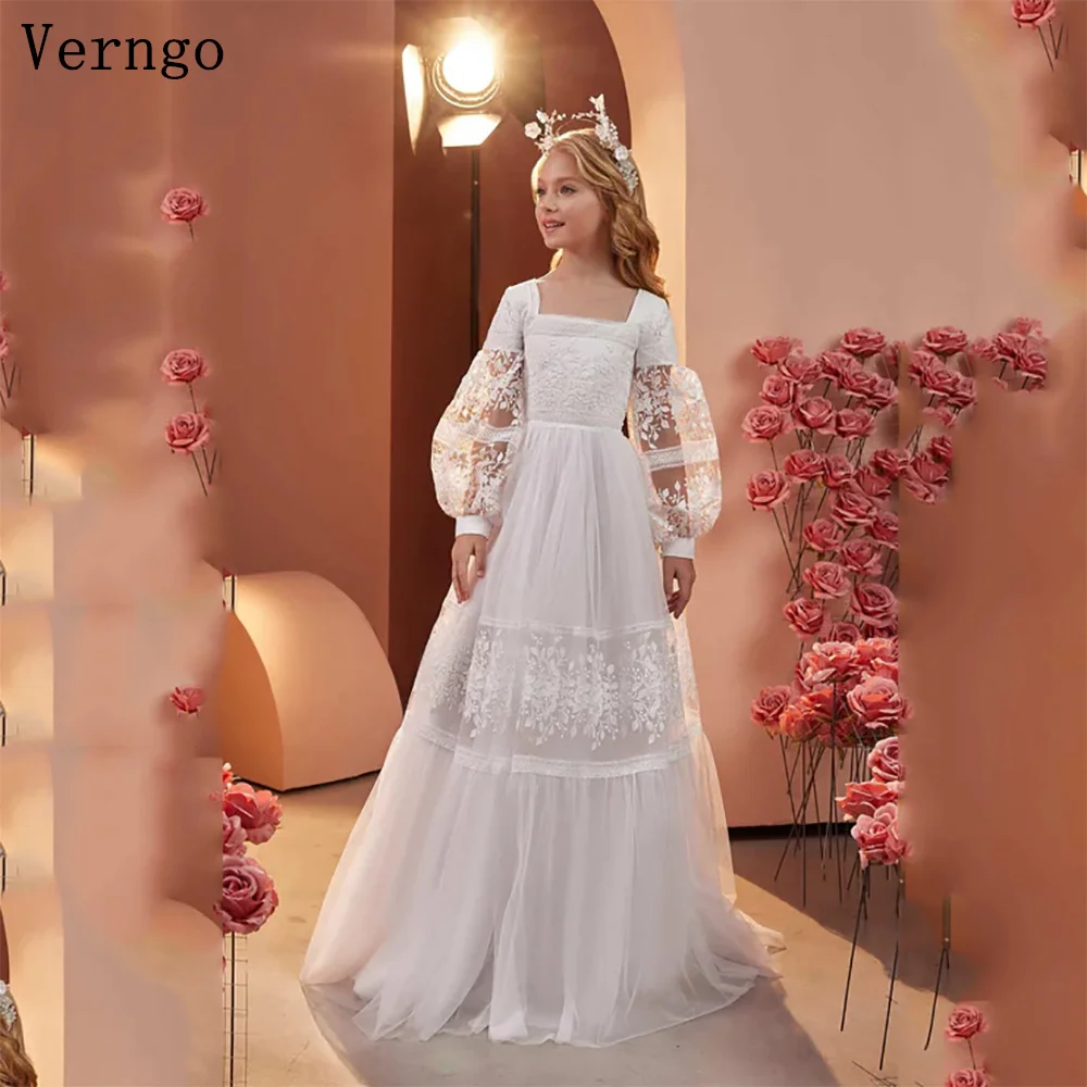 Verngo-vestido elegante de tul marfil con flores para niña, vestido de fiesta de cumpleaños con cuello cuadrado, vestido Maxi de princesa modesto personalizado