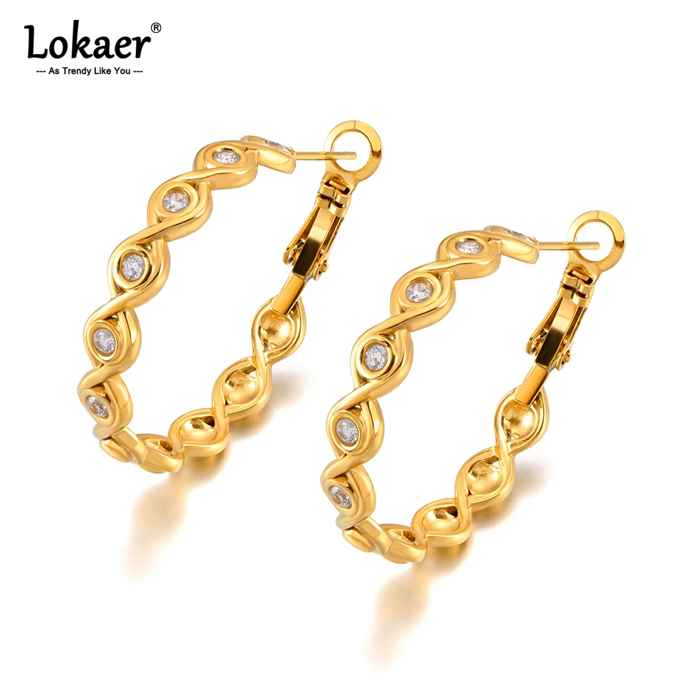 Lokaer Edelstahl Luxus-Creolen mit Zirkonia, goldfarben, trendiger Zirkonstein, Hochzeitsschmuck für Frauen E26077