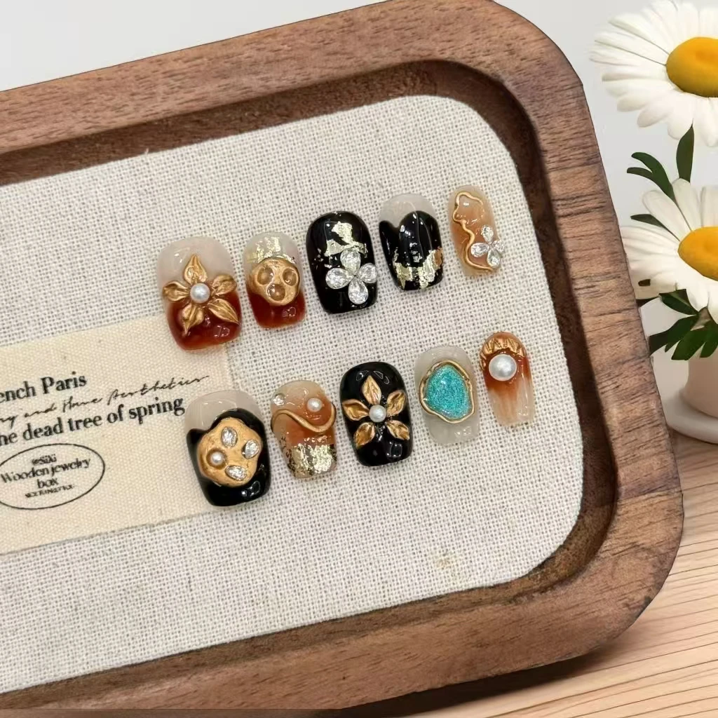 

10 шт. винтажные золотисто-коричневые 3D цветочные металлические накладные ногти, роскошные персидские серебряные ногти ручной работы с 4 шт., инструменты, клейкие вкладки