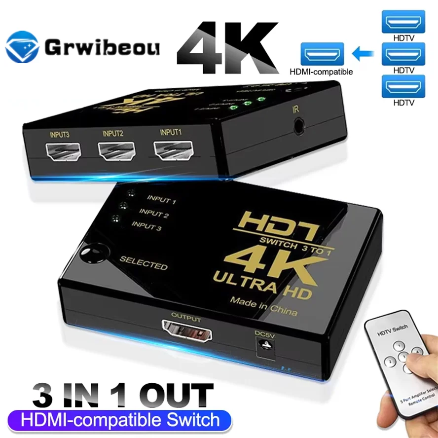 4K HDMI-Compatible Switch With IR Remote Control 3 Input 1 Output HDMI-compatible KVM Switcher Hub Adapter for Xbox PS4 DVD HDTV