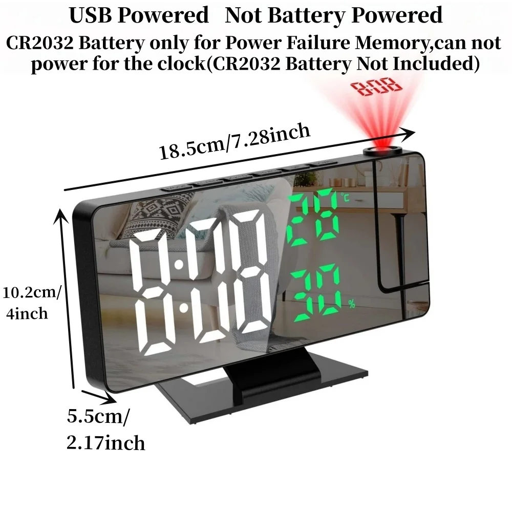 180° Rotation Projection Digital Alarm Clock Temperature Humidity Night Mode Snooze 12/24H USB Powered Projector Table LED Clock