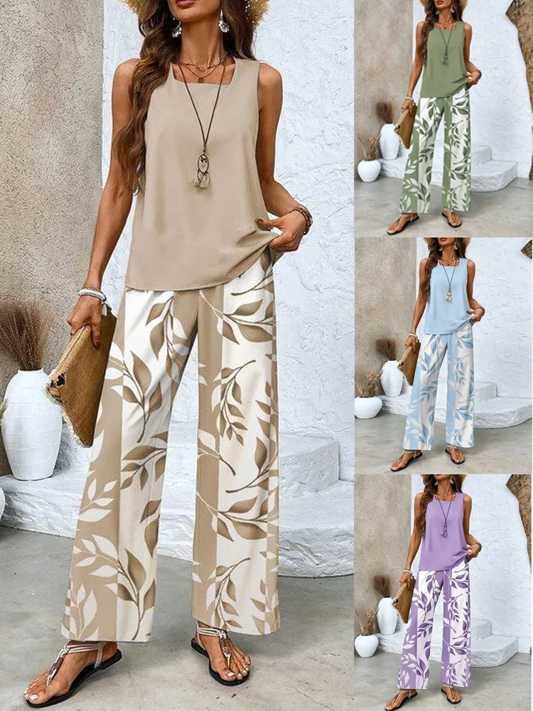 Women Casual 2 Piece Outfit Sleeveless Tank Top + Leaf Print Wide Leg Pants Set Summer Vacation Loungewear