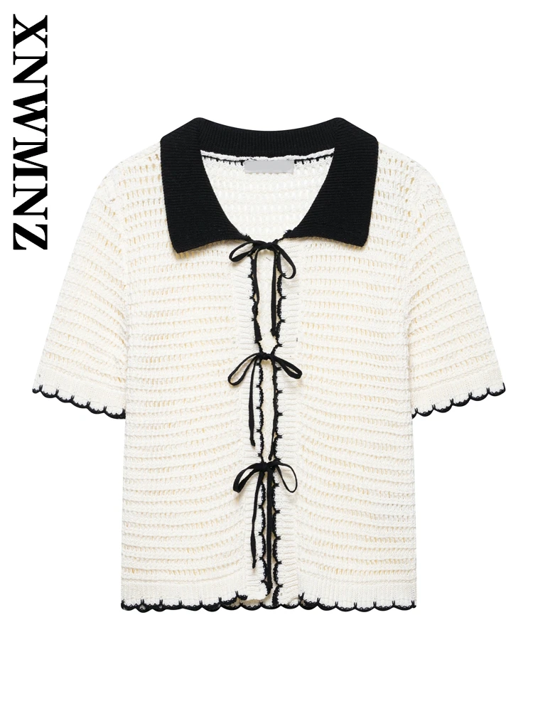 

XNWMNZ 2025 Spring New Woman's Trendy Turn-down Collar Knitted Sweater Cardigan Sophisticated Summer Lady Lace Top Short Sleeve