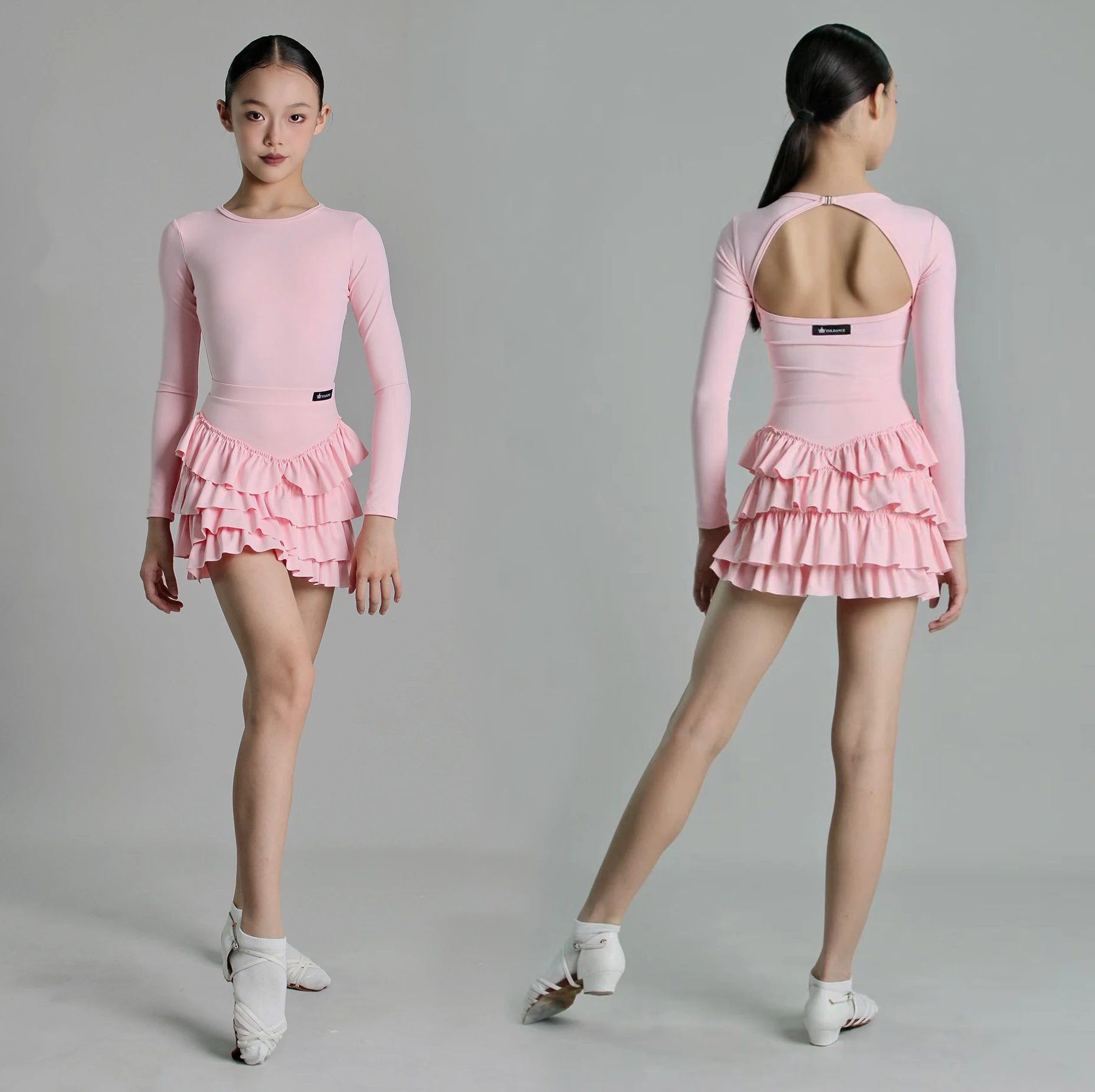 

Костюмы для латинских танцев для девочек, топ с открытой спиной и длинными рукавами, юбка, детское платье для соревнований, одежда для танцев, DQL11758