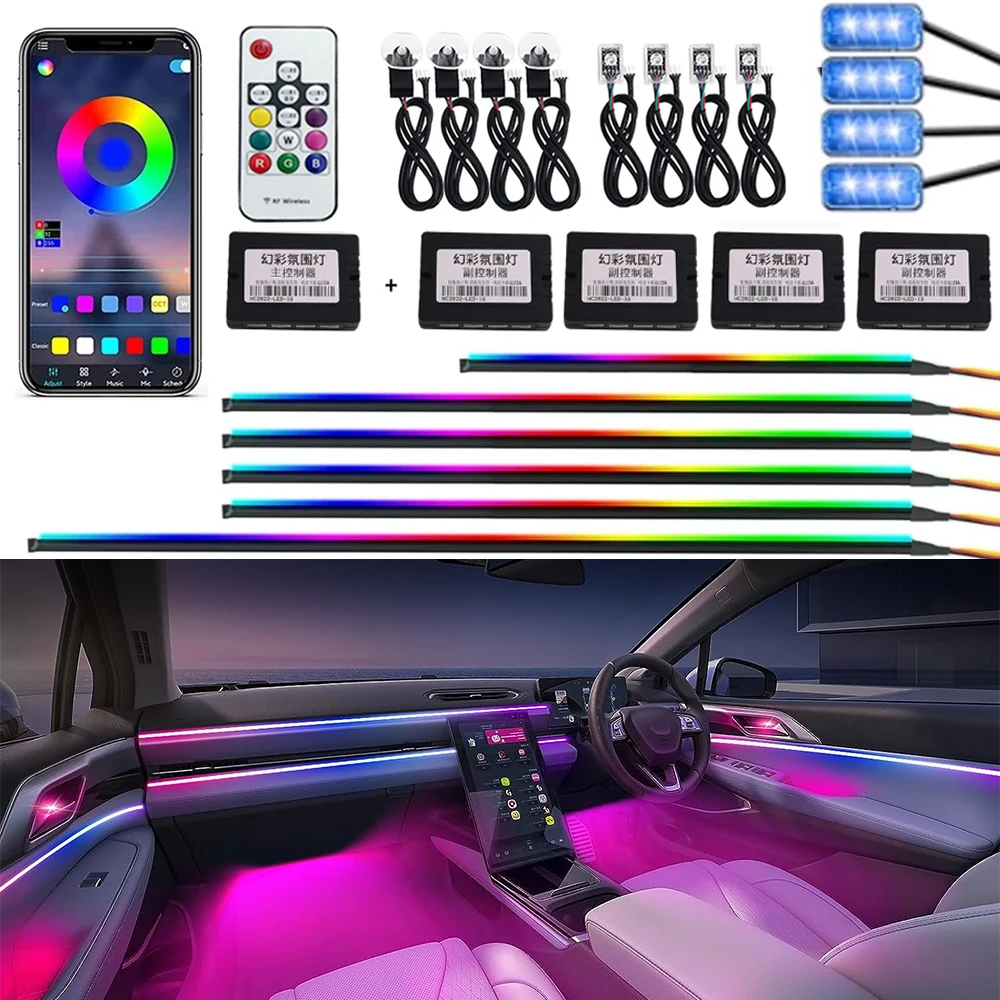 18 In 1 Car LED Symphony Ambient Light Rainbow Streamer RGB Interior Neon Acrylic Strip Atmosphere Lamp With Wireless Remote 12V