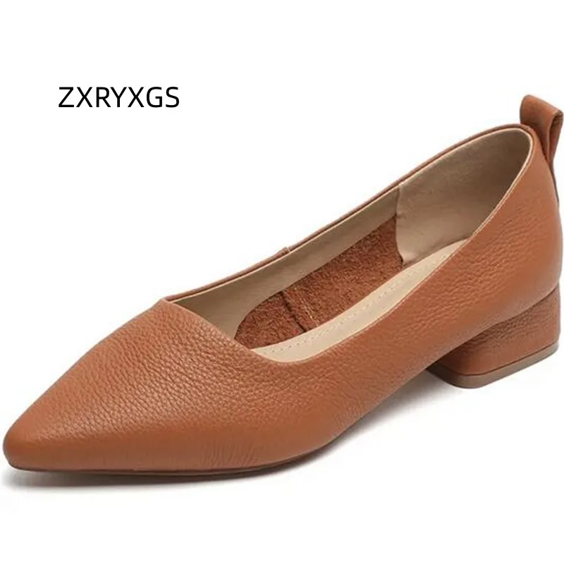 

ZXRYXGS Premium Cowhide Pointed Shallow Mouth Thick with Low Heel Shoe 2023 New Autumn Women's Leather Shoes Comfort Elegant