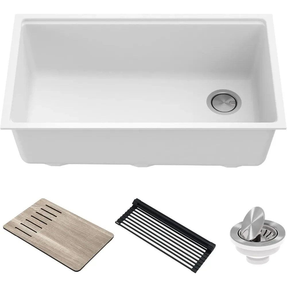 Embedded Sink, Workstation 32 Inch Granite Composite Single Bowl, Drainage Component with Filter, Kitchen Sink and Accessories