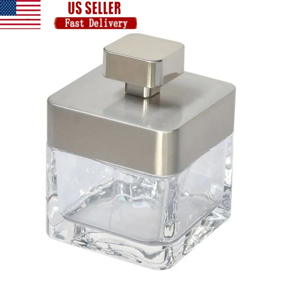 

Metal and Glass Covered Jar Bathroom Organizer Brushed Silver Lid Thick Glass Base Storage Cotton Balls Hair Accessories Jewelry