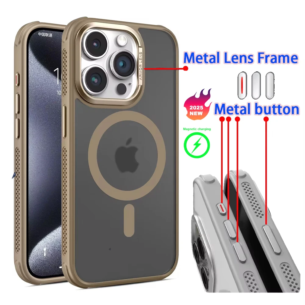 

Чехол Business Matte Armor с металлическими кнопками для iPhone 16 PM 13 14 15 12 Pro Max, противоударный жесткий магнитный чехол для беспроводной зарядки 17