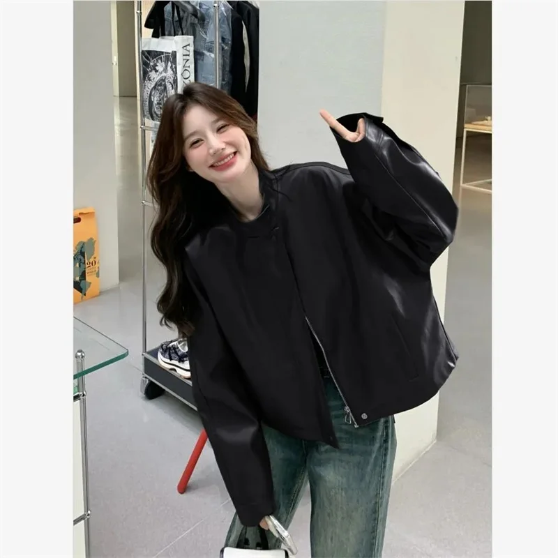 Herbst NewFashion Frauen Leder Jacke Kurzen Mantel Motorrad Oberbekleidung Top Weibliche Streetwear PU Leder Jacken Outwear Damen