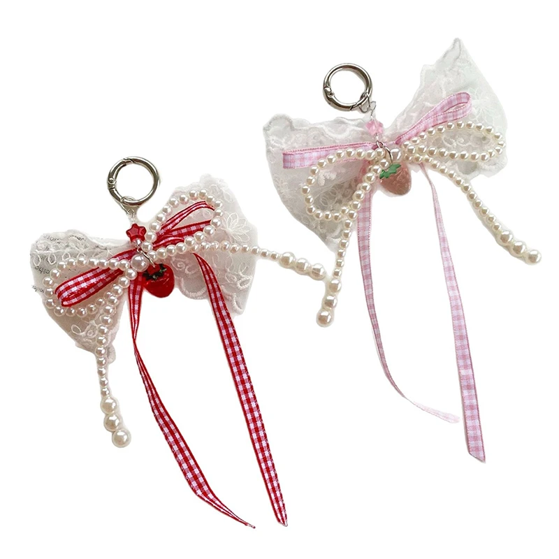 Sweet Lace Pearl Bow Keychain Pendant Phone For Women Girls Fashion Exquisite Backpack Decoration Accessories Gifts
