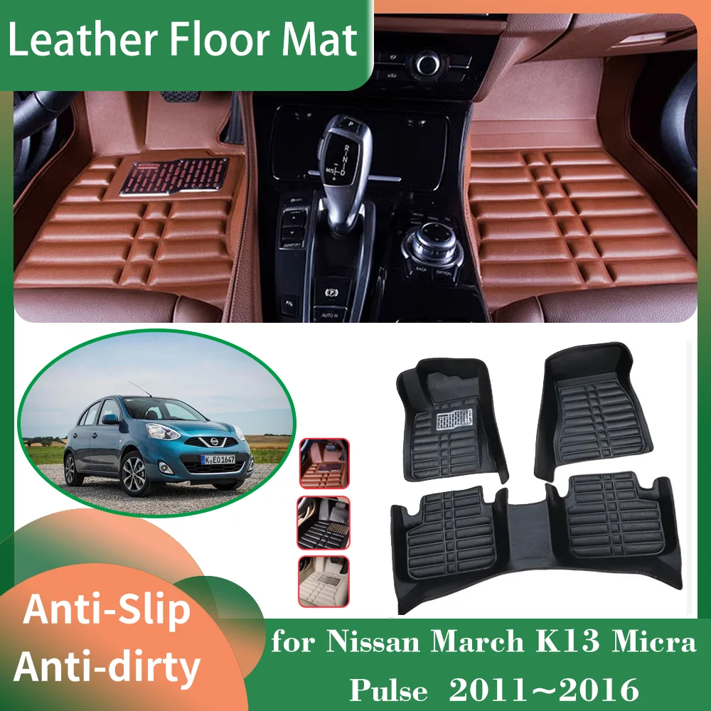 Car Leather Floor Mat for Nissan March K13 Micra Pulse 2011~2016 Foot Interior Liner Waterproof Carpet Pad Custom Accessories