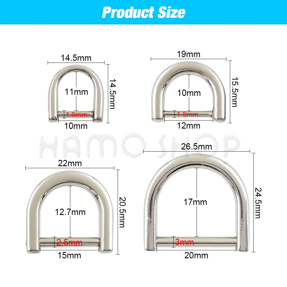 1pcs 10mm-20mm Metal D Ring Buckle Shackle Clasp Detachable Open Screw For Leather Craft Bag Strap Belt Handle Shoulder Webbing