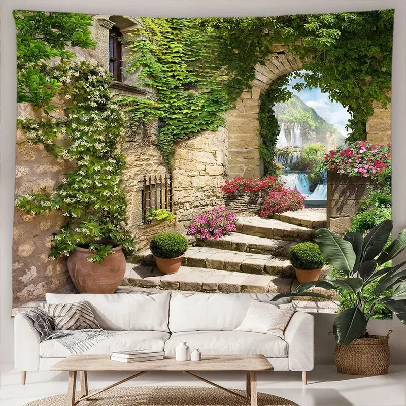 VIKAMA Verona Antique Window Frame Tapestry Floral Landscape Wall Hanging Art Home Garden Outdoor Decor