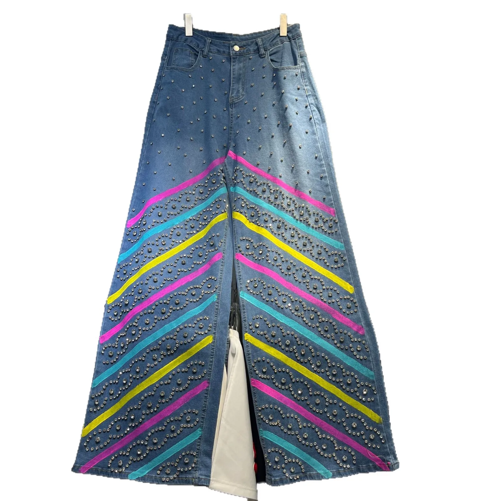 Damskie szerokie spodnie jeansowe w stylu europejskim z kryształkami, blokami kolorów i prostymi nogawkami, wytrzymałe długie spodnie, pantalon damski.