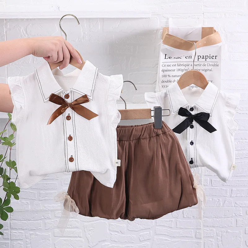 New Fashion Girls Clothing Summer Bowtie Blouse Top+Lace Bow-knot Shorts 2pcs Suits Ruffles Toddlers Kids Casual Clothes IY04171