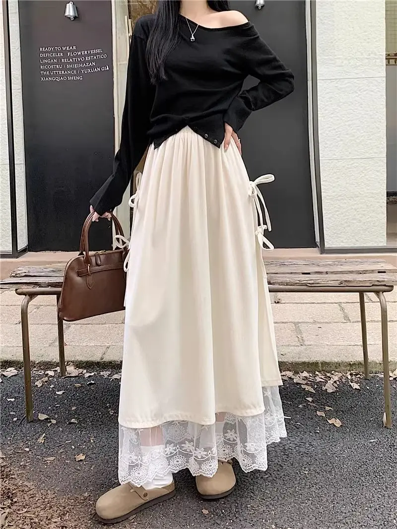 تنورة نصف تنورة جديدة من الدانتيل لعام 2025 للنساء لربيع وصيف تنورة طويلة فضفاضة للتخسيس على شكل حرف a