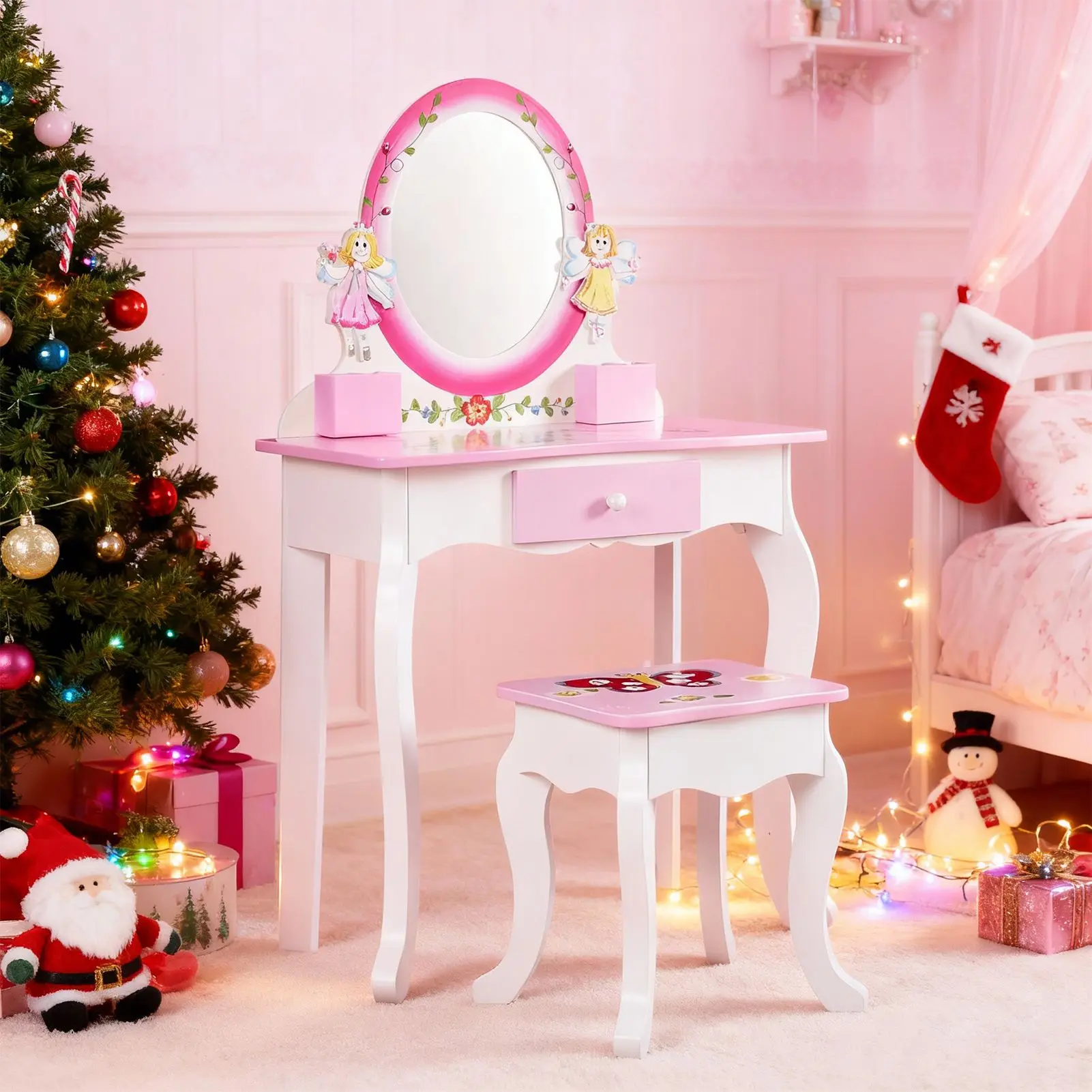 Kids Vanity Set Floral Printed Wooden Makeup Dressing Princess Table with Mirror and Stool for Role Playing Pink Kids Vanity