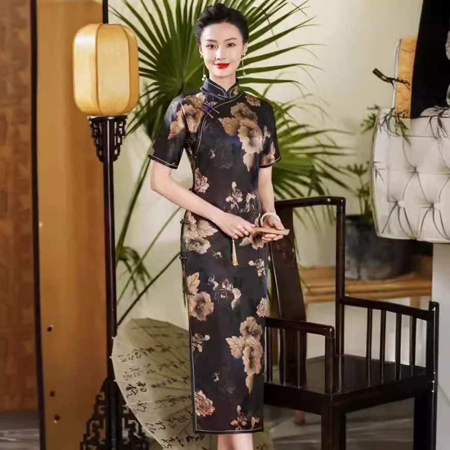 High-End Full Cardigan Gambiered Guangdong Summer Traditional Ancient Quality Real Silk Cheongsam Qipao Long Chinese Dress