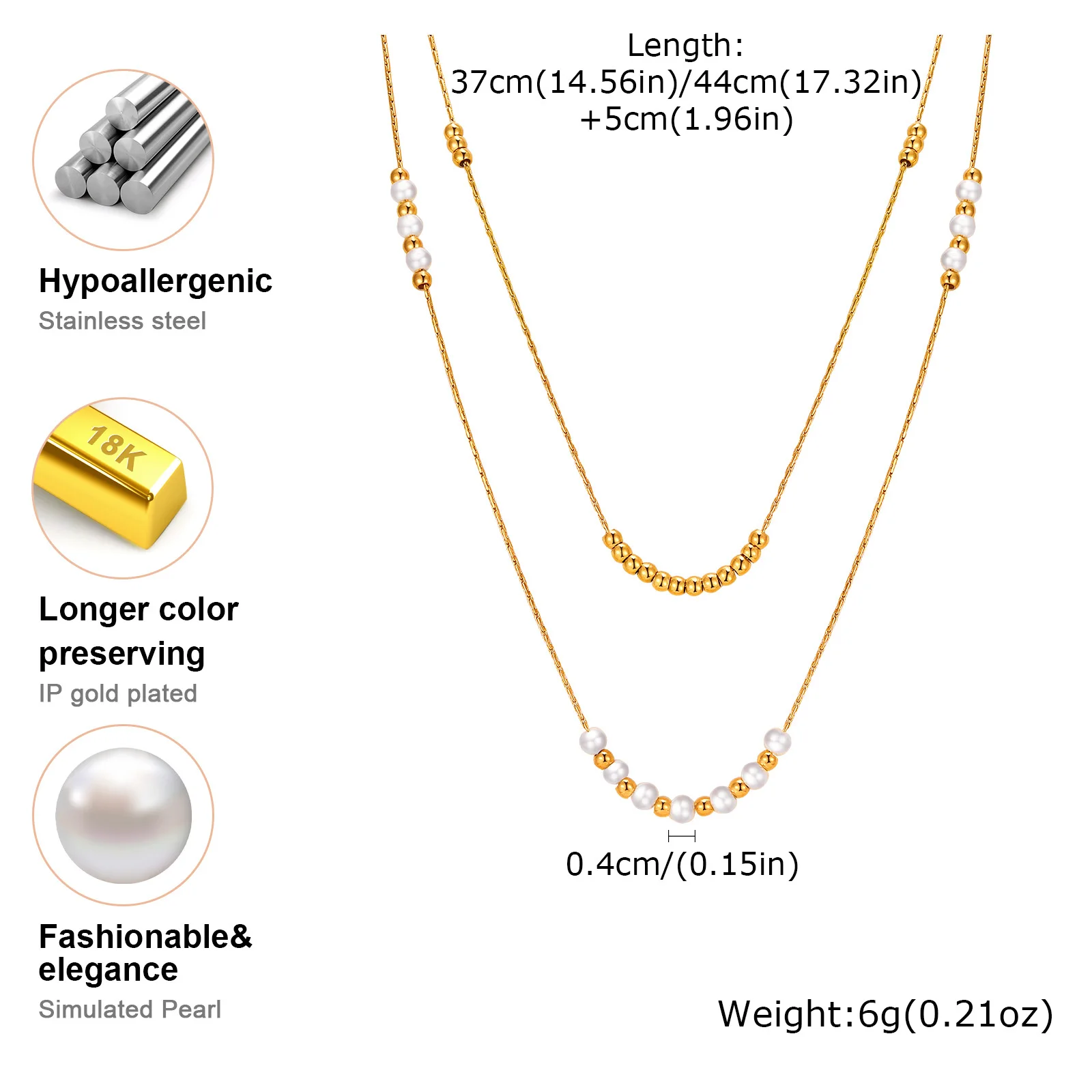 Beaded Stackable Chain Necklace, Stainless Steel Clavicle Multilayer Chain Pearl Jewelry for Women Christmas Gifts