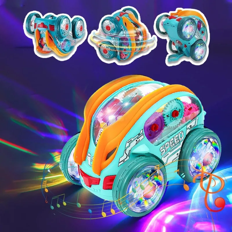 

Electric Light Up Transparent Sensory Car Toy 360° Standing Rotation Roll Stunt Car with Colorful Moving Gears & Music