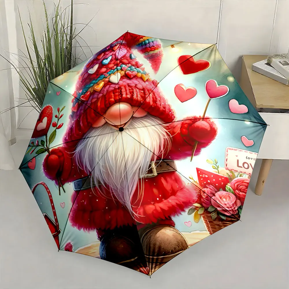 1PC Whimsical Gnome with Hearts and Roses Umbrella Design Print 8 Iron Ribs Folding Umbrella Auto-Open Fashion Sunshade